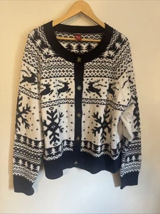Dec 25th Cardigan Christmas Sweater Womens 2X Fair Isle Reindeer Navy Blue Fun - Picture 1 of 10