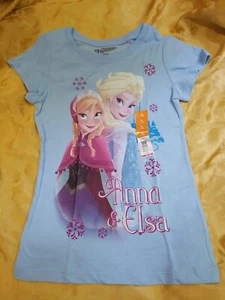 NWT Disney Frozen Girls T-shirt M(7-8) Light Blue Anna Elsa - Picture 1 of 2