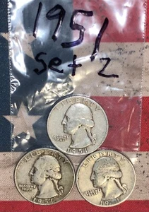 90% Silver 1951 WASHINGTON QUARTERS 3 Coin Set P D & S Ships Free Lot #2 - Picture 1 of 2