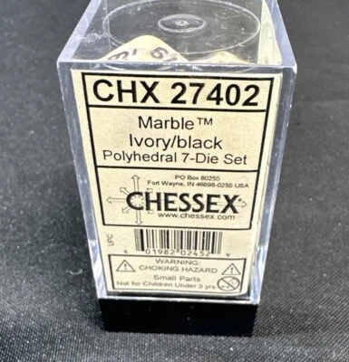 Chessex 27402 Dice Marble Ivory/Black Polyhedral 7-Die Set - Image 1 of 4