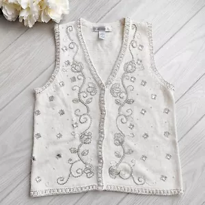 Maglione gilet perline vintage anni 90 cotone floreale casetta CLAUDIA D avorio argento M - Foto 1 di 13