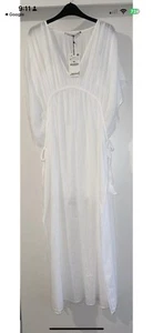 ZARA WHITE V-NECK COTTON KAFTAN TUNIC DRESS WITH BRAIDED TRIM TIES SIZE M-L NWT - Picture 1 of 5