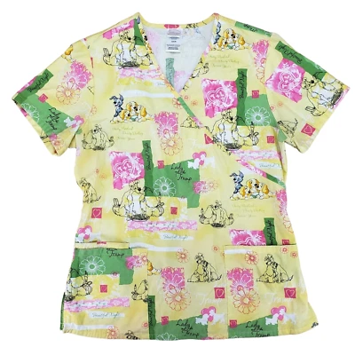Disney Lady And The Tramp Women's Scrub Top Size S Yellow Poly Cotton Blend - Image 1 of 4