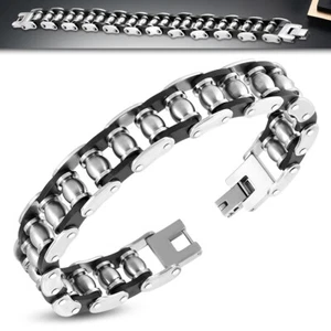 Pulsera de acero inoxidable tono plata eslabones de goma negra para hombre - Imagen 1 de 3