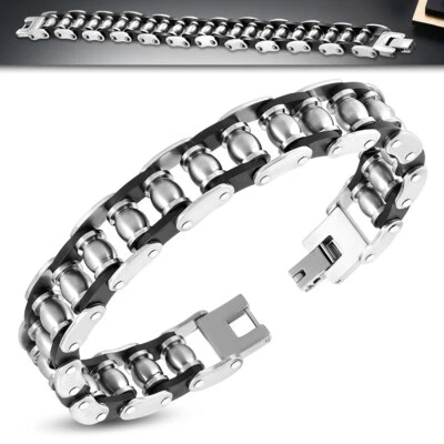 Pulsera de acero inoxidable tono plata eslabones de goma negra para hombre Foto 1 de 3