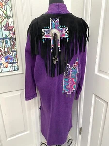 Vintage 1980s Sundance Hand Dyed Art Wear Painted Purple Denim Southwest Coat - Picture 1 of 10