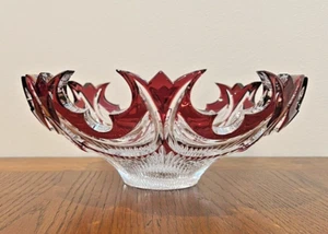 Cristalica Diadem King Clear and Cranberry Trim Elaborate Rim Crystal Bowl - Picture 1 of 16