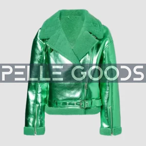 Chaqueta de cuero de oveja verde metálico para mujer - Elegante abrigo cálido de invierno - Imagen 1 de 9
