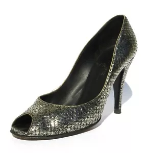 CHANEL Metallic Silver Python Snakeskin Leather CC Logo Peep Toe Heels Pumps 39 - Bild 1 von 12