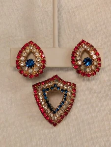 Vintage Patriotisches Schmuckset Rot Klar & Blau Strass Clip Ohrringe & Brosche - Bild 1 von 8