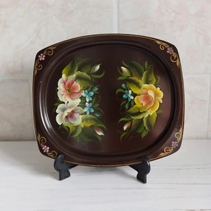 Russian Tin Tray Brown Hand Painted Small Rectangle Flowers Folk Art Floral - Picture 1 of 24