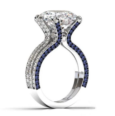 Blue & White Round Cut 14.95CT Simulated Sapphire 935 Silver Amazing Women Ring - Image 1 of 4