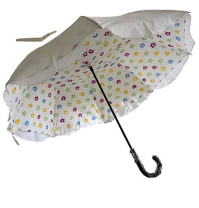 Parasol Umbrella Rain Sun protection White With J Handle and Flower Lined - Picture 1 of 6