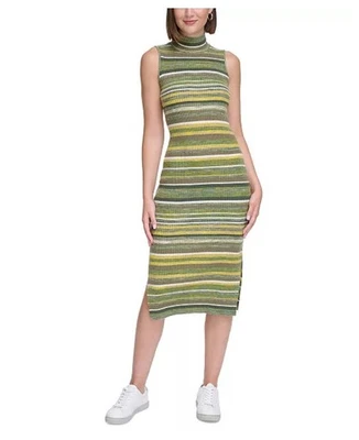 Calvin Klein Womens Spacedye Stripe Mock-Neck Bodycon Dress Green NEW! Large - Image 1 of 4