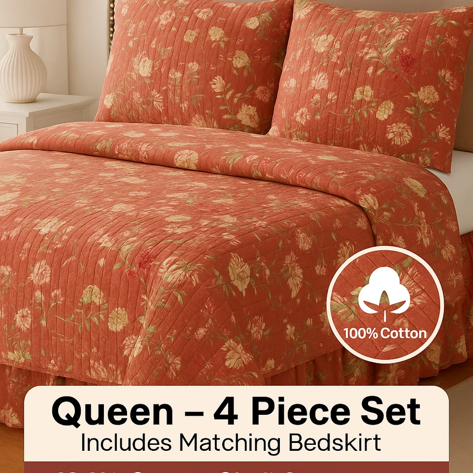 Juego de edredón floral vintage 100 % algodón queen 4 piezas colcha con 2 fundas + falda de cama Foto 1 de 1