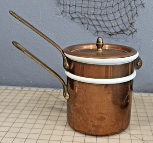 Caldera doble vintage Apilco Francia inserto de cerámica solo mango de cobre latón - Imagen 1 de 11