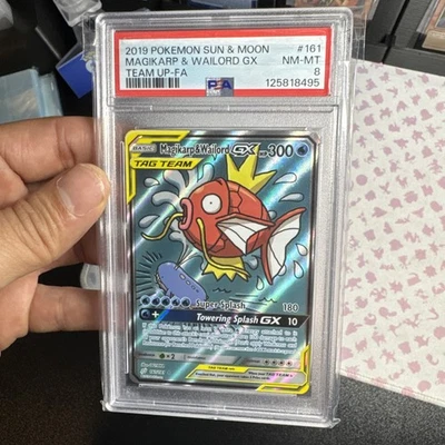 2019 POKEMON SUN & MOON TEAM UP #161 FULL ART/MAGIKARP & WAILORD GX PSA 8 - Image 1 of 2