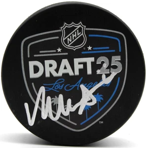 Mason West signierter Blackhawks Draft 25 Hockey Puck mit Beckett BAS COA BT78258 - Bild 1 von 2