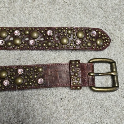 Streets Ahead Leather Pink Crystal Embellishments Belt Antique Gold Tone SzL - Image 1 of 4