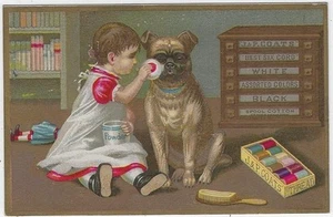 J.P. Coats' Thread Little Girl Powdering Her Dog's Face Victorian Trade Card - Picture 1 of 2