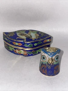 Small Vintage Pill/ Trinket Box Cloisonné & Thimble - Blue Enamel - Owl Themed - Picture 1 of 12