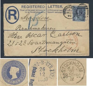GB QV 2d Registered RP15 + Sg201 - BERKHAMPSTED to STOCKHOLM 1890 - Picture 1 of 8