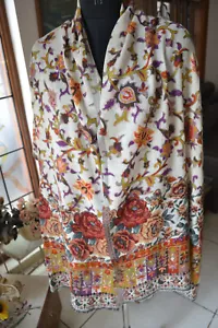 Pashmina bianca stampa Kalamkari ~ARTISTA DESIGNER scialle Jamavar cashmere ARTICOLO RARO - Foto 1 di 5