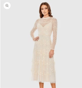 MAC DUGGAL Nude Sequined Illusion High Neck Long Sleeve Midi Dress size 10 NWOT - Picture 1 of 9