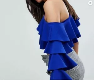 River Island Layered Ruffled Sleeve One Shoulder Cobalt Blue Cropped Top S - Picture 1 of 8