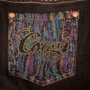 COOGI Jeans 17 18 Womens 39x31 Black Denim Rainbow White Spots On Flared Bottoms - Picture 1 of 24