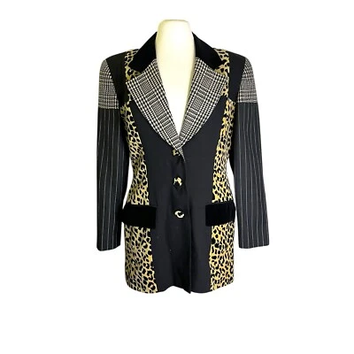 Vintage 90s Stephanie Queller Leopard Plaid Mixed Patchwork Blazer Jacket Size 8 - Image 1 of 4