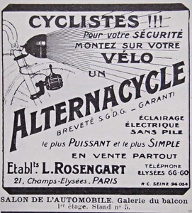 WERBUNG 1923 ROSENGART ALTERNACYCLE ELEKTRISCHE BELEUCHTUNG OHNE BATTERIE FÜR FAHRRAD - Bild 1 von 1