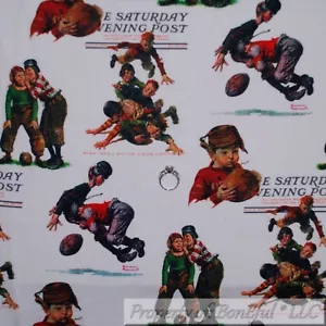 BonEful FABRIC FQ Cotton Quilt White Brown Boy Football Saturday Evening Post US - Picture 1 of 12