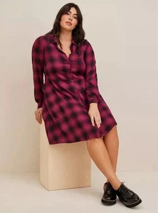 Torrid Purple Black Plaid Rayon Long Sleeve Button Dress NWT Size 00 - Picture 1 of 12