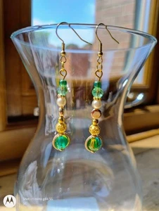 Green Glass And Acrylic Bead Handmade Earrings - Picture 1 of 3