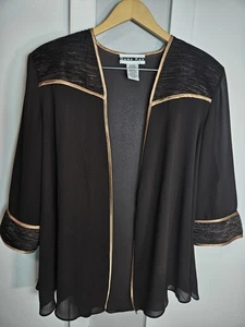 Dana Kay Brown Sheer Open Front Jacket 20W Gold Trim 3/4 Sleeve Dressy Layer - Picture 1 of 11