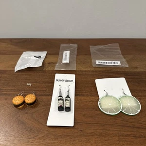 Lime Slice Dangle Earrings + Hamburger & Wine Bottle Earrings ~ Set Of 3 Pairs - Picture 1 of 12