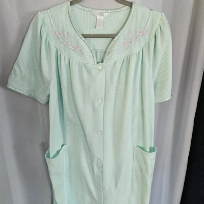 ADONNA Sleepwear Housedress Green Aqua Waffle Knit Nightgown MooMoo Sz S Pockets - Image 1 of 4