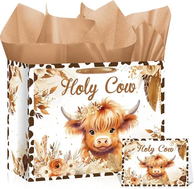 Bolsa de regalo para bebé Highland Cow marrón vaca cumpleaños bolsas con asas tejido Foto 1 de 4