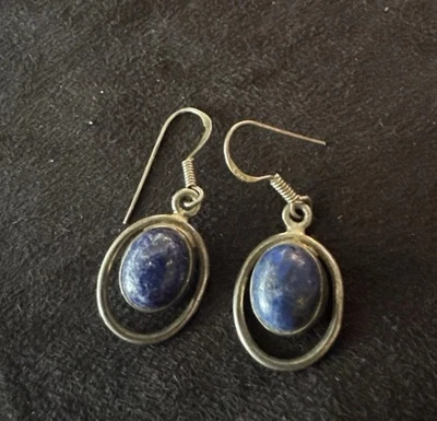 Earrings Vintage Marked 925 Lapis Lazuli Handmade 6.7g Drop Hoop - Image 1 of 2