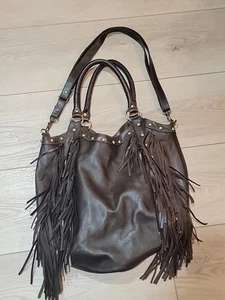 Raj ~ Western Look ~ Suede Dark Brown Cowgirl Fringe Studs Hand & Crossbody Bag - Picture 1 of 13