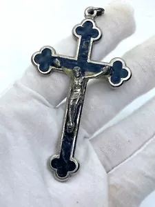 Croce crocifisso religiosa antica francese smaltata cattolica placcata argento - Foto 1 di 17