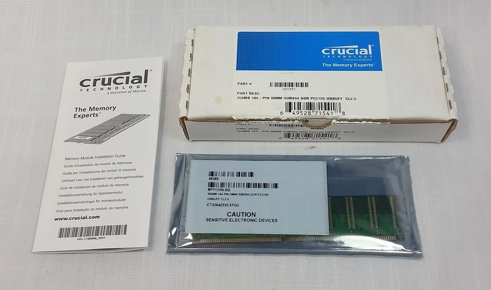 Crucial Memory 256MB DIMM 184 Pin 32MX64 DDR 333 PC2700 Unbuff CL2.5 103351 - Image 1 of 4