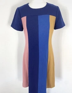 Boden Autumn Wool Blue Navy Pink Mustard Yellow Colour Block Shift Dress UK 10L - Picture 1 of 5