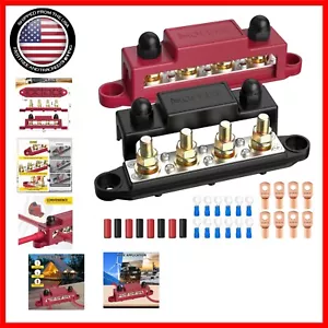 Compact Red & Black Power Distribution Block with Lugs & Ring Terminals - 250A - Picture 1 of 8