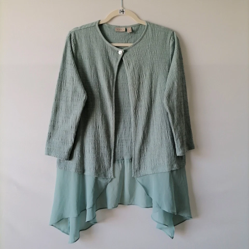 Logo Lori Goldstein Womens Sage Green Jacket Open Front Chiffon Hem Size S - Image 1 of 4