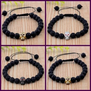 Fashion Man's Zircon Skull Head Black Lava Stone Macrame Bracelets Jewelry 8mm - Picture 1 of 18