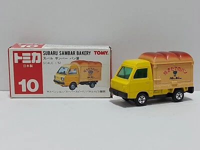 Camión de panadería Tomica Subaru Sambar No. Etiqueta Tomy roja hecha en Japón 10 Foto 1 de 4