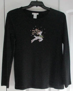 NEW L Women Reindeer Rhinestone Holiday Top Shirt Black Pullover Rebecca Malone - Picture 1 of 13
