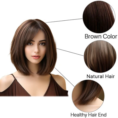 Short Dark Brown Synthetic Wig Shoulder Length Womens Daily Wear Hairpiece - Image 1 of 4